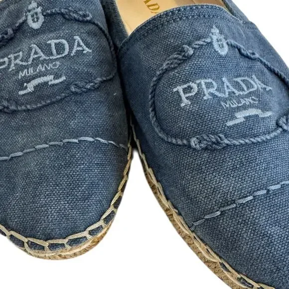 Prada Logo Blue Denim Espadrilles Size 37 Designer Slip On Flats Authentic - Picture 8 of 12